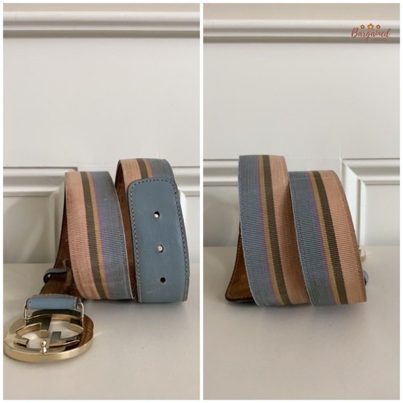 Authentic Gucci Multi Web Canvas Leather Gold Interlocking G Buckle Belt 85/34 - Picture 9 of 13